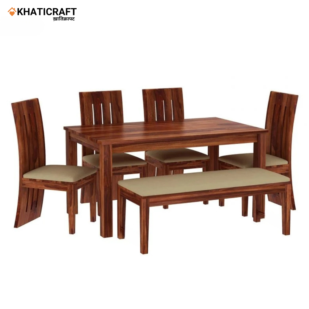 Hina Hana Solid Wood Sheesham 6 Seater Dining Set with Cushioned Bench