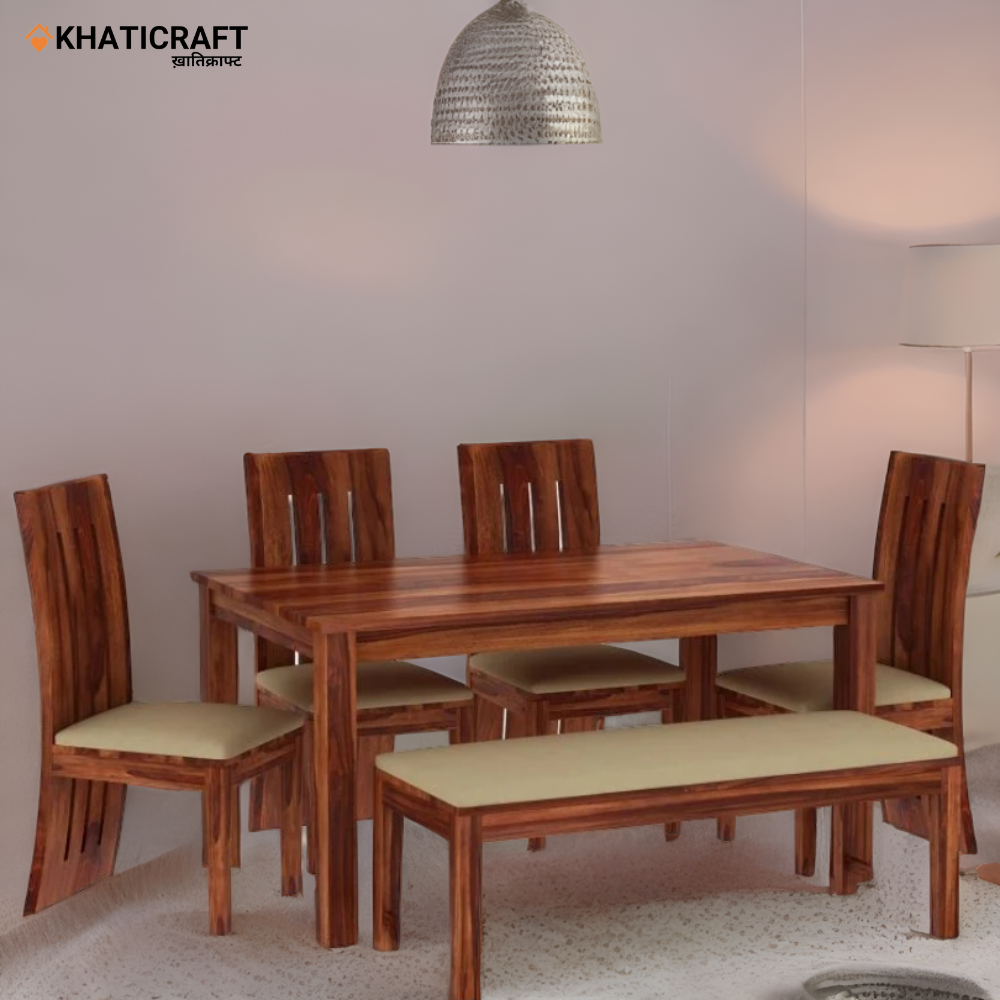 Hina Hana Solid Wood Sheesham 6 Seater Dining Set with Cushioned Bench