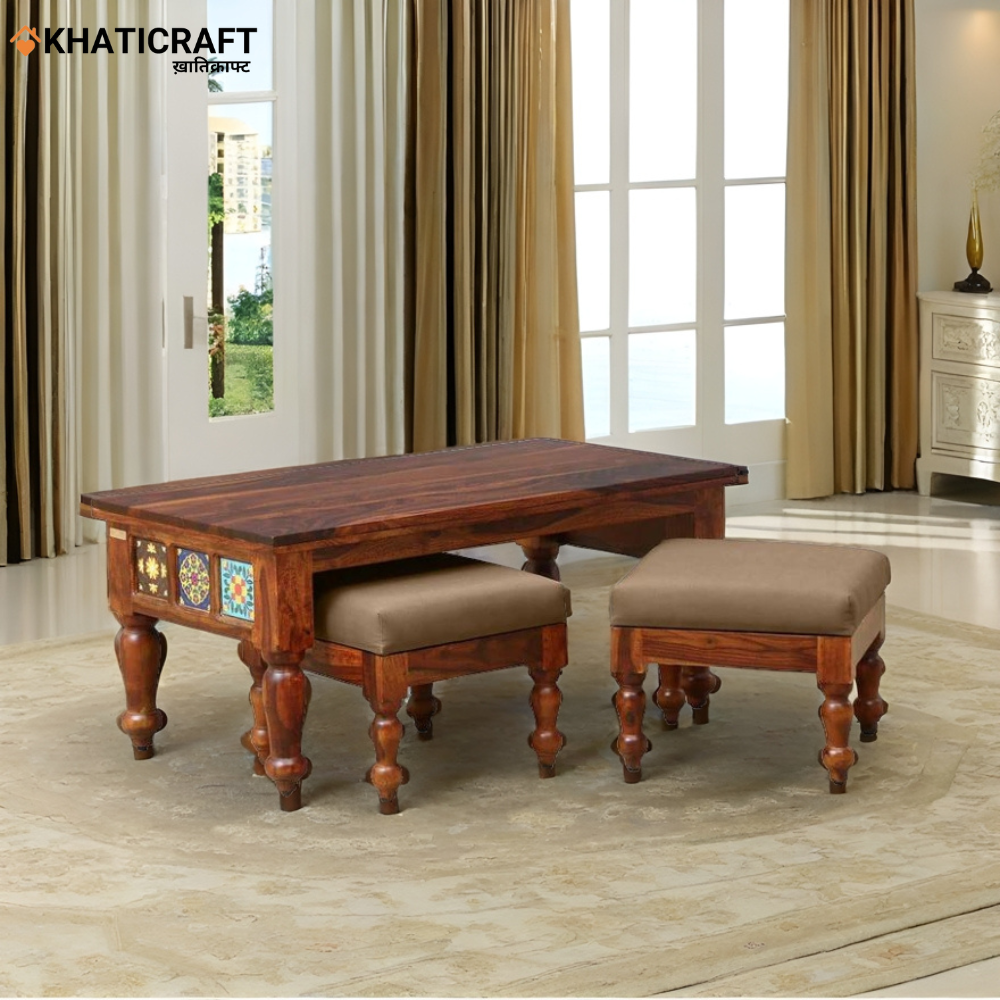 Chitra Solid Wood Sheesham Nested Coffee Table Set of 3(1+2)