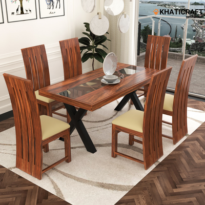 Akira-Hana Solid Wood Sheesham 6 Seater Dining Set With Glass