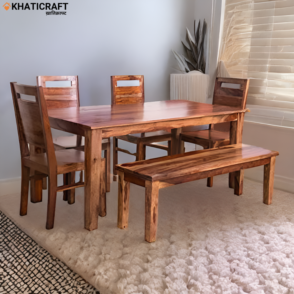 Hina Niru Solid Wood Sheesham 6 Seater Dining Set with Bench