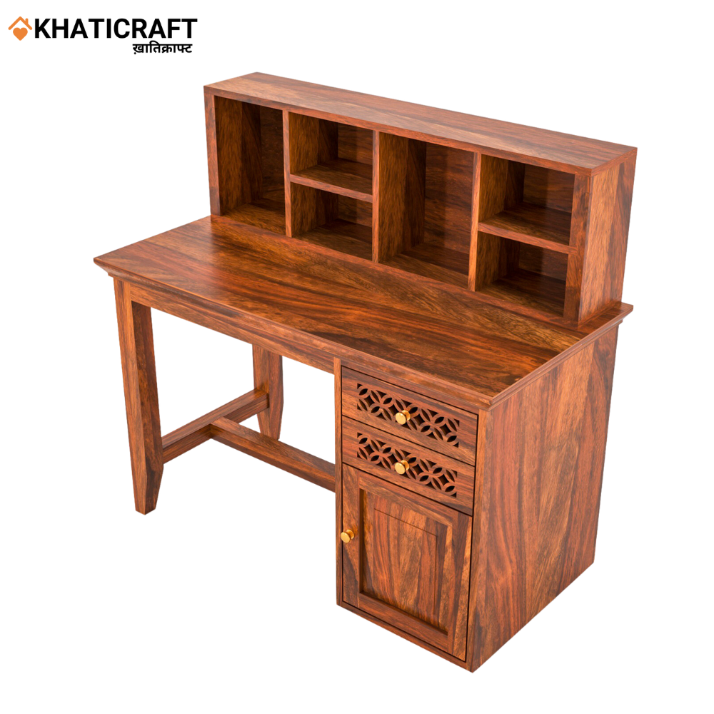 Mira Solid Wood Sheesham Study Table With Chavi Wallshelf Side View