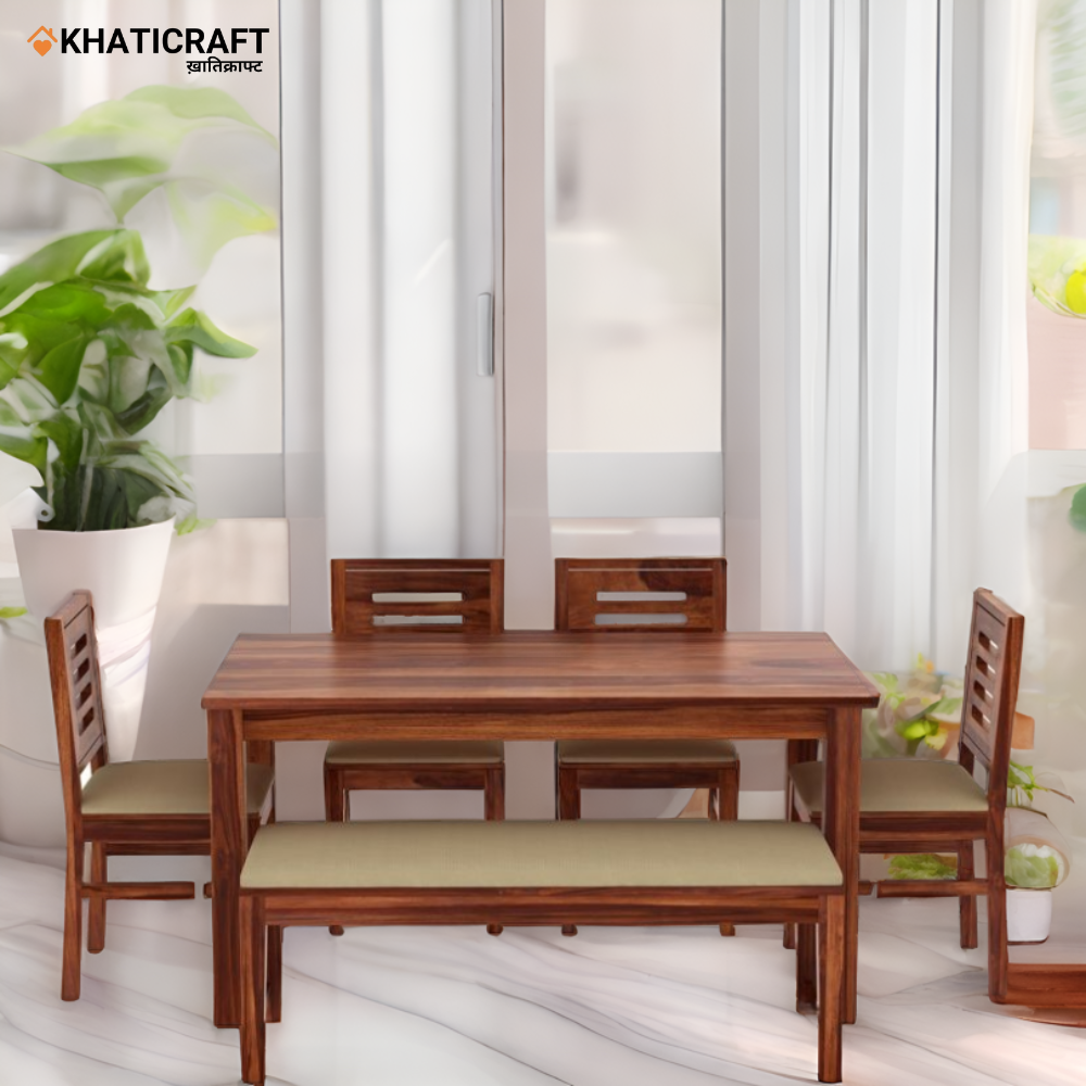 Hina Ulka Solid Wood Sheesham 6 Seater  Dining Set with Cushioned Bench