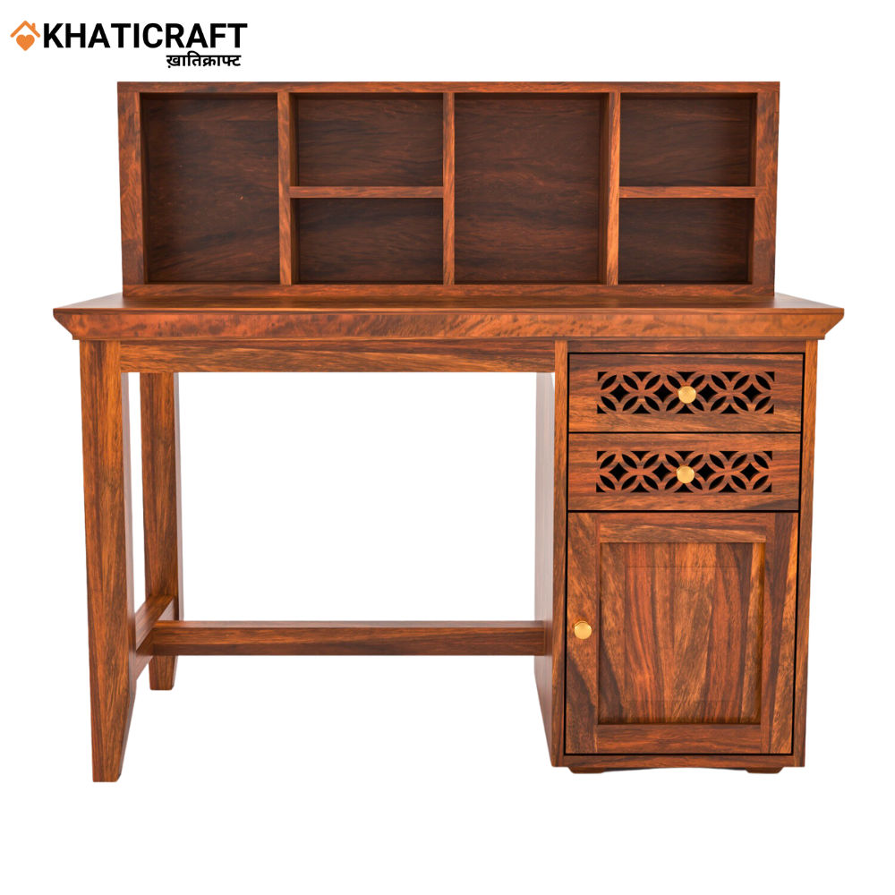 Mira Solid Wood Sheesham Study Table With Chavi Wallshelf Front View