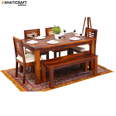 Hina Ulka Solid Wood Sheesham 6 Seater  Dining Set with cushioned chair Bench