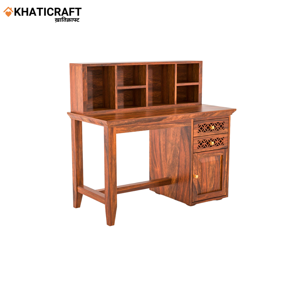 Mira Solid Wood Sheesham Study Table With Chavi Wallshelf Side View