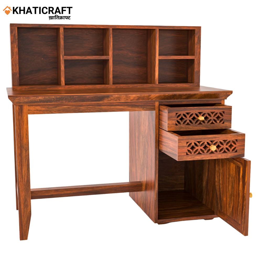Mira Solid Wood Sheesham Study Table With Chavi Wallshelf Open View