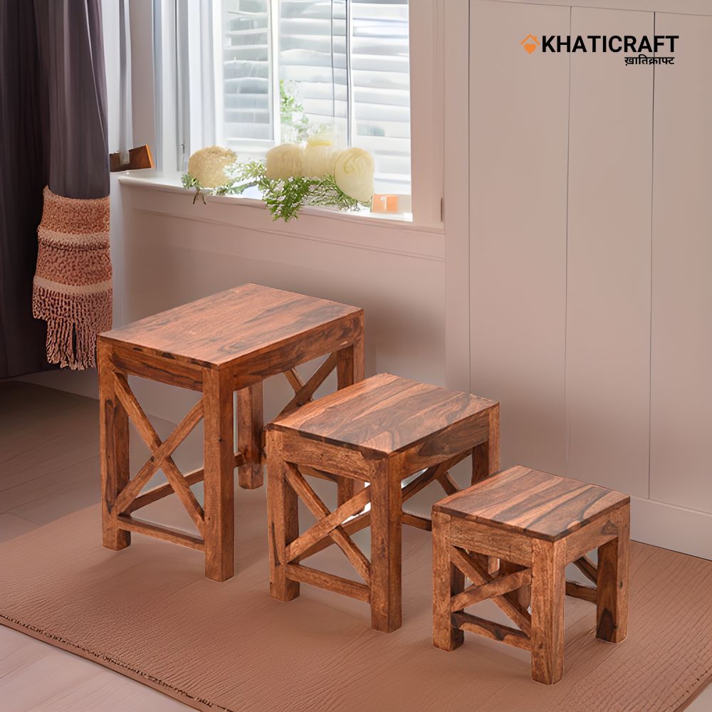  Solid Wood Sheesham Nested Stool Set