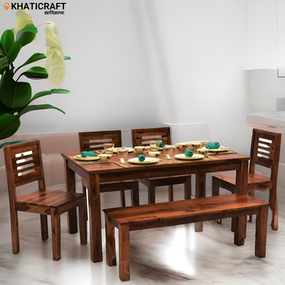 Hina Ulka Solid Wood Sheesham 6 Seater  Dining Set with Bench