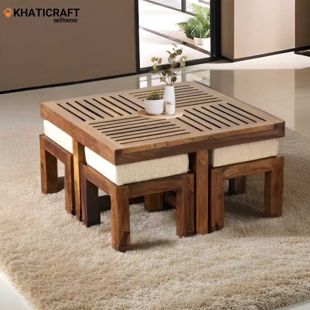 Dhara With Plain stool Solid Wood Sheesham Nested Coffee Table Set of 5(1+4)