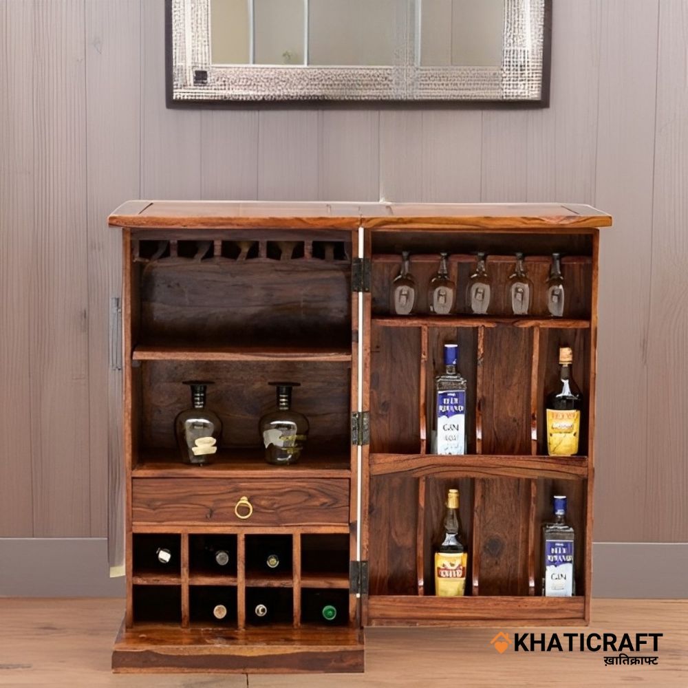 Hina Single Door Solid Wood Sheesham Bar Cabinet