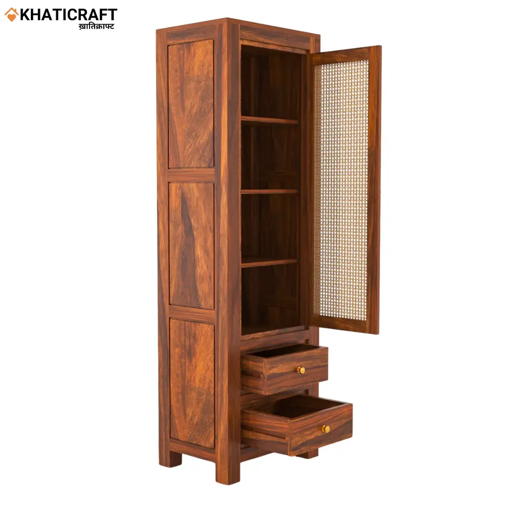 Hina Solid Wood Sheesham Bookshelf with Rattan-1