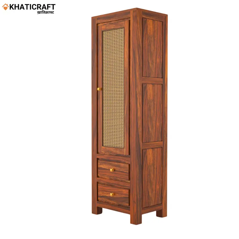 Hina Solid Wood Sheesham Bookshelf with Rattan-2