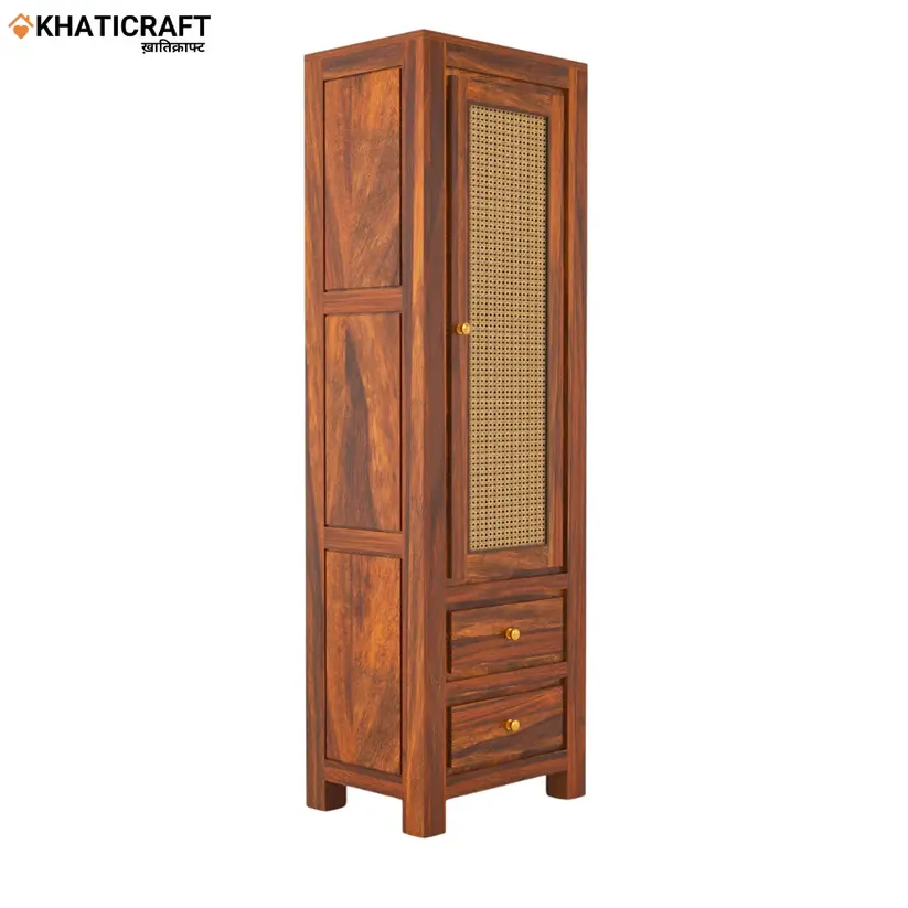 Hina Solid Wood Sheesham Bookshelf with Rattan-4