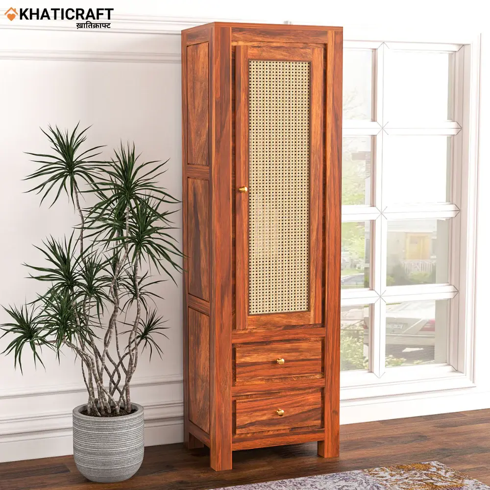 Hina Solid Wood Sheesham Bookshelf with Rattan-Primary