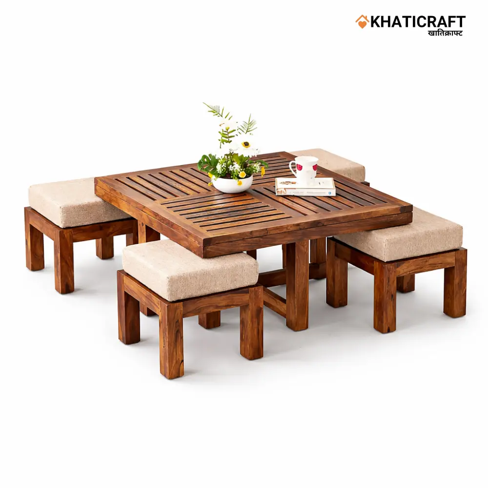 Dhara Nested Coffee Table Set of 5(1+4) with Plain Stool