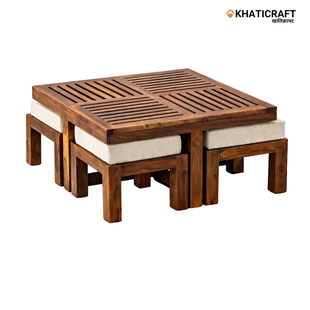 Dhara Nested Coffee Table Set of 5(1+4) with Plain Stool