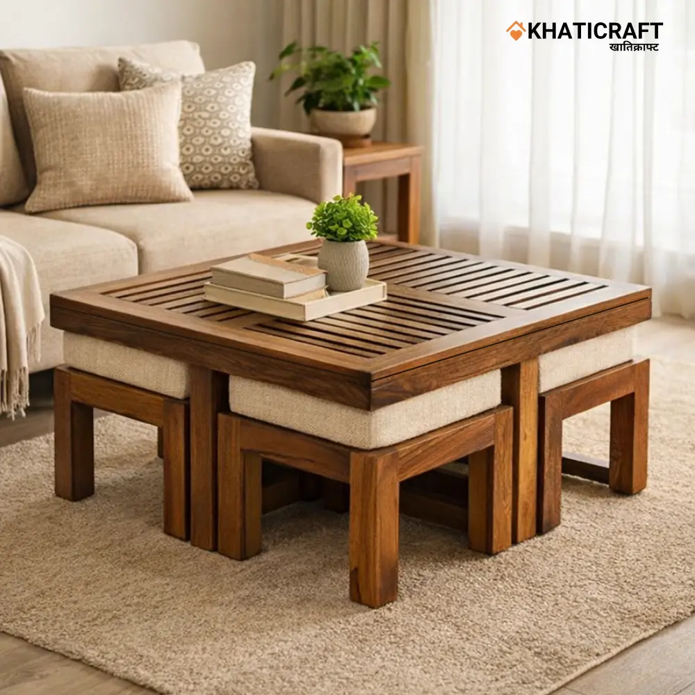 Dhara Nested Coffee Table Set of 5(1+4) with Cushion Stool