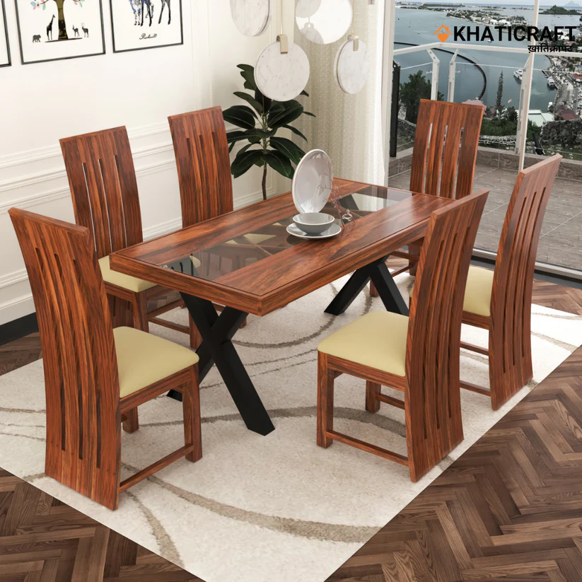 Akira Hana 6 Seater Solid Wood Sheesham Dining Set With Glass