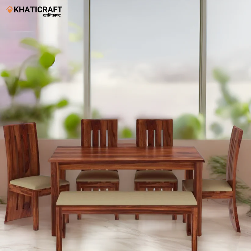 Hina Hana 6 Seater Solid Wood Sheesham Dining Set with Cushioned Bench